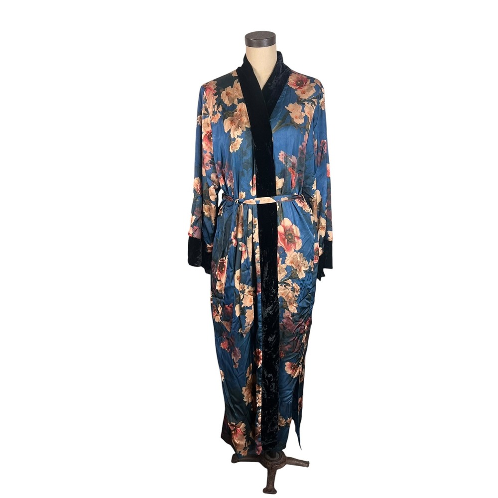 KIM + ONO Blue Floral Butterfly Satin Robe Velvet Trim Long Wrap Duster Pockets